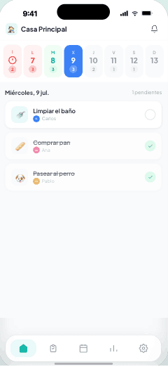 Vista de la app de Tareo con las tareas del hogar del día